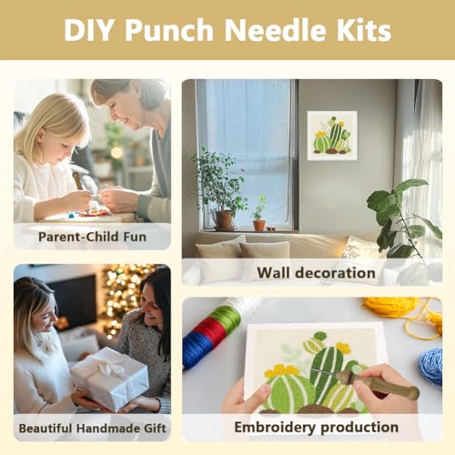 Doodlream Cartoon Cactus DIY Punch Needle Embroidery Kit for Adult Beginner, 9.4" Cactus Punch Stitching Craft Set for Starter with Frame, Fabric Pattern, Threader, Yarn, Pinch Needle - color: Cactus