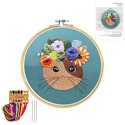 Mozzyyee Embroidery Starter kit, DIY Adult Beginner Embroidery Kits, Including Cloth with Cat Patterns, Colored Threads, Needles, Hoops and Instructions (Blue) - color: Blue