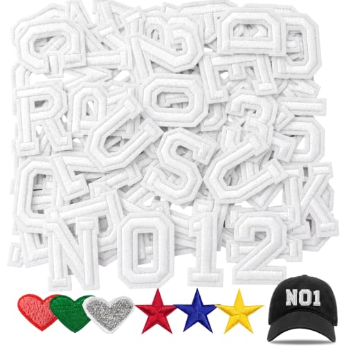 Jongdari Iron On Letters and Numbers Patches for Clothing, 2" Embroidery Alphabet Letterman Jacket Patche A-Z & 0-9 Applique for Backpack & Fabric (White 78pcs) - color: White, size: 52 Letters + 20 Numbers + 6 Patches