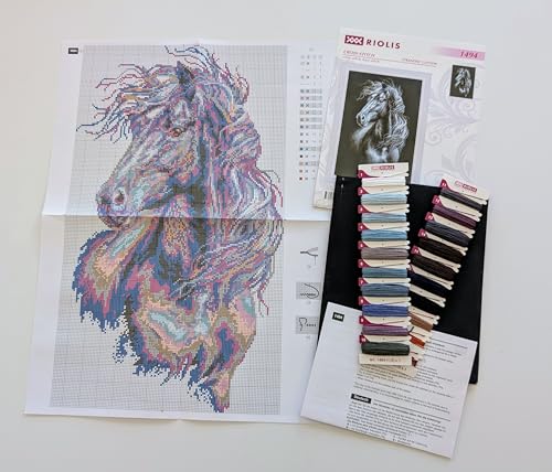 RIOLIS - Breeze Through Mane 1494, Counted Cross Stitch Kit 11,81" x17,72, Black Horse Embroidery Kit, Cross Stitch Patterns for Adults with Horse, Cross Stitch Kits for Adults Advanced & Beginners - style: Breeze Through Mane 1494