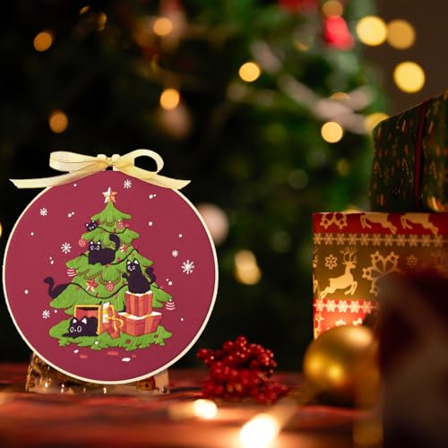 artcici Embroidery Kits Christmas Tree Black Cat Patterns for Beginners Adults, Full Range Embroidery Starter Kits Cross Stitch Needlework Supplies (Black Cat) - color: Black Cat