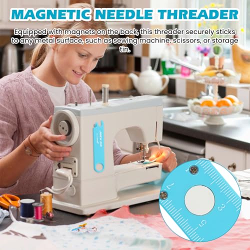 Sewing Machine Needle Threader with Magnifier, 3 in 1 Quick Threading Tool with Magnetic Mount & Integrated Ruler, Anti-Prick Stitch Insertion Kit with 2 Seam Rippers for Quilting