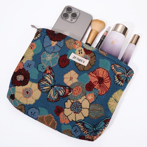 Butterfly Floral Cosmetic Bag Blue Base Zipper Travel Makeup Pouch - color: Flower Garden Blue