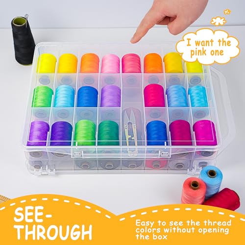 KASTUN Thread Storage,Double Sided,46 Grids Sewing Organizer,Portable, Transparent, Sewing Thread Storage Case