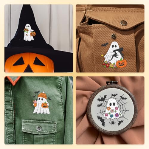 19Pcs Halloween Ghost Water Soluble Hand Sewing Stabilizers, 8.3"x11.7" Ghost Pumpkin Embroidery Pattern Stabilizer, 4 Sheets Flower Ghosts Stick and Stitch Embroidery Paper Sticker