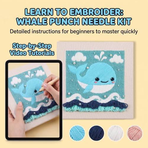 Embroidery Punch Needle kit Frame, Embroidery Starter Kits for Beginner,Punch Needle Fabric with Pattern,Threader, Yarns,Embroidery Hoops & Rug Punch(Light Blue) - color: Light blue