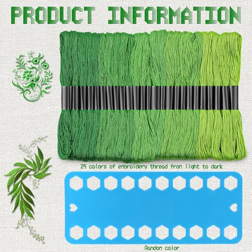 25 Skeins Green Series Cross Floss Stitch Thread, 8m Cotton Embroidery Floss Set with Plastic Bobbins & Needle - color: Green Series-1