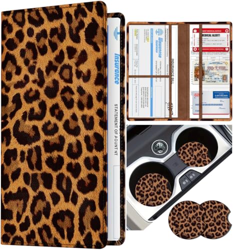 Slohif Car Registration and Insurance Holder with 2 Car Coasters, Elegant - color: Brown Leopard