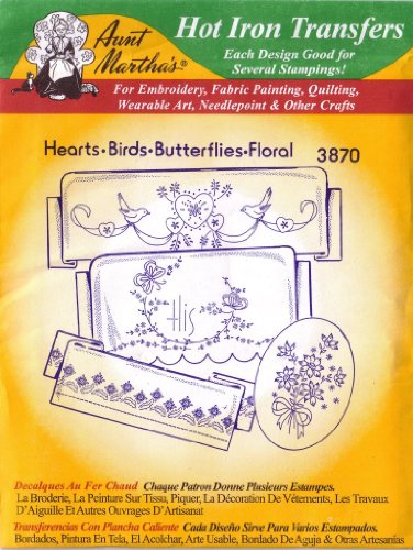 Aunt Martha's Hot Iron Embroidery Transfer 3870 Hearts * Birds * Butterflies * Floral
