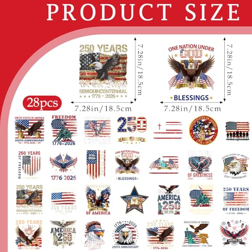 Dazoratix 250th Anniversary Iron on Transfers - 28 Sheets 4th of July Patriotic America DTF Ready to Press 250 Years Eagle USA Flag Heat Patches Stickers Vinyl Decal for T Shirts Clothes Bag DIY Craft - style: 250th Anniversary