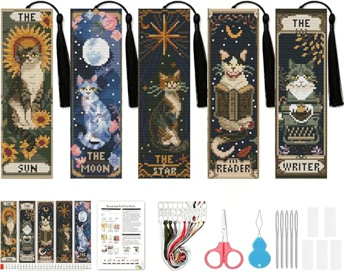NEGEKFKX 5 Pcs Tarot Cat Cross Stitch Bookmark Kit for Adult Beginners - color: Cross stitch bookmark-18