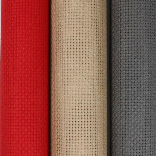 KCS 3 pc of 15" x 18"(38cmx45cm) 16 Count Cross Stitch Cotton Aida Cloth Needlework Rolled Fabric Box,16CT,Red+Khaki+Dark Grey - color: Red+khaki+dark Grey, size: 16CT