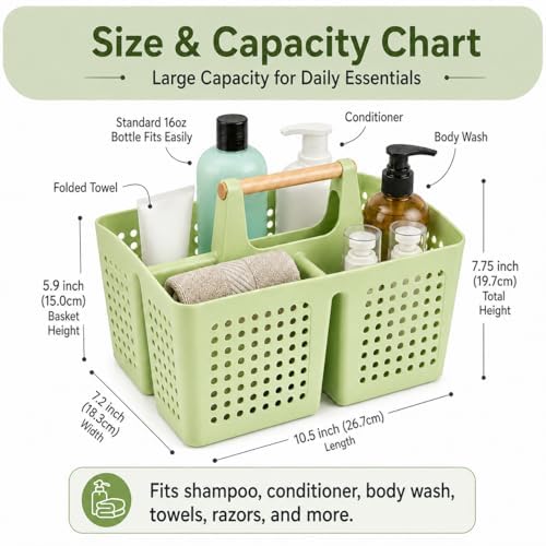 Portable Shower Caddy Basket with 3 Compartments and Handle, Grass Green - color: Grass Green