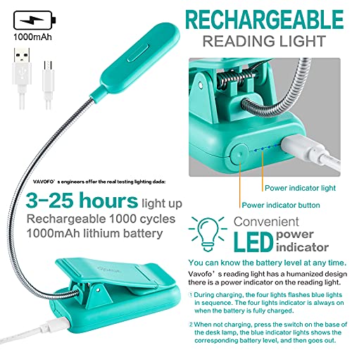 VAVOFO Clip On Rechargeable Reading Light, 7 LEDs with 3 Colortemperature 9 Brightness Levels Book Lights for Reading in Bed with Power Indicator for Bookworms (Blue 2-Pack) - color: Blue+Blue