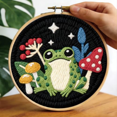 BEUNITONE 2PCS Punch Needle Kit for Adults Beginners, Frog Mushroom Needlepoint Crafts Kit for Adults, Complete Embroidery Starter Kit with Pre-Print Pattern and Hoop for Home Decor 7.9"x7.9" - color: 08-Frog Mushroom