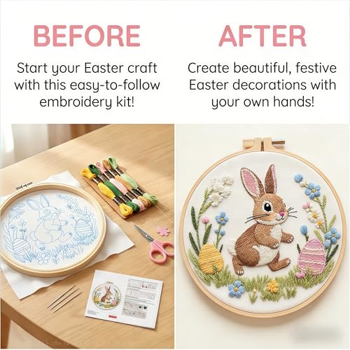 AZY Easter Embroidery Kit – Single Pre-Printed Floral Pattern with Adjustable Embroidery Hoop, Thread, Needle, Threader & Instructions – for Beginners and Cross Stitch Lovers - style: Easter embroidery