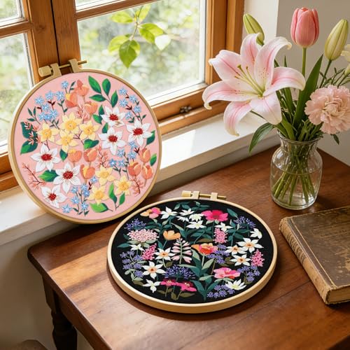 ERKOON Embroidery Kit for Beginners Adult, 2 Set Floral Cross Stitch Set Include Embroidery Cloth Hoops Threads for Craft Lover Hand Stitch with Embroidery Skill Techniques (Flower) - color: Flower
