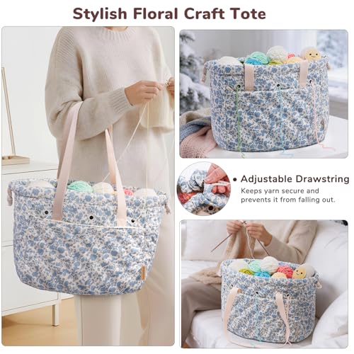 MYBAGZING Portable Crochet Bag Organizer with Crochet Hook Organizer Roll - color: Blue Flower