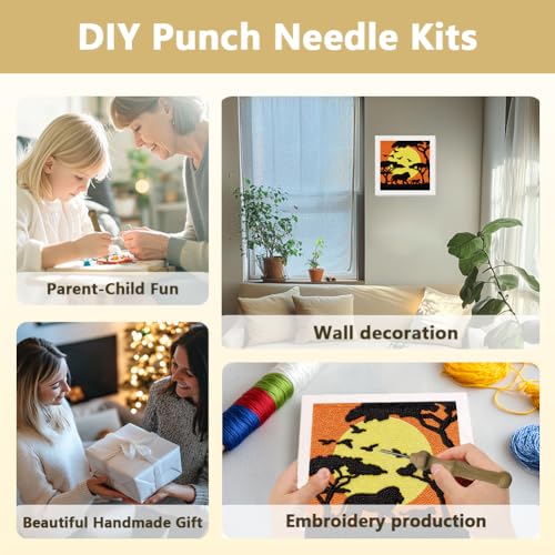 Doodlream African Savanna Needle Kit for Beginner, 9.4"x 9.4" Sunset Lion Punch Stitching Craft Set, Color DIY Embroidery Starter with Printed Frame, Instruction, Threader, Yarn, Pinch Needle - color: Savanna