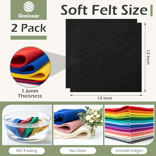 Black Soft Felt Sheets for Crafts, 12" x 12", 1.6mm Thick, 2 Pcs - color: Black
