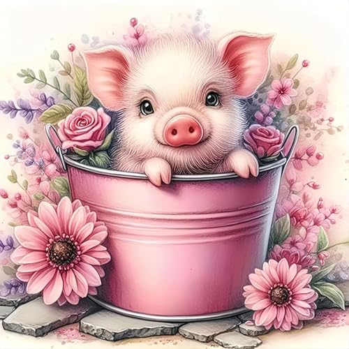 Cute Pig Stamped Cross Stitch Kits for Adults Beginner, Flowers Dimensions Needlepoint Art Crafts Embroidery Kits for Adults Beginners 13.7x13.7 inches - color: D061