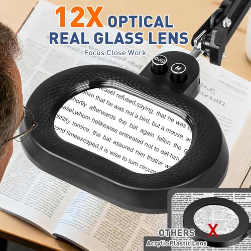 KIRKAS Magnifying Glass with Light 3-axis Rotation, 35in Long Arm 12X - size: 35in
