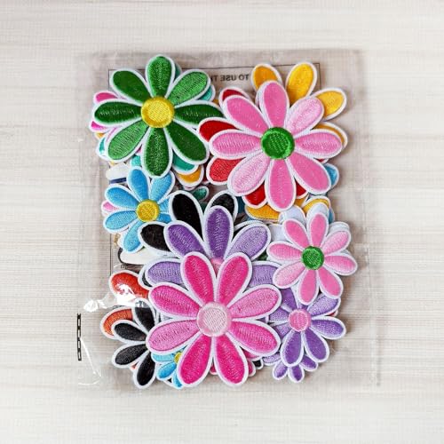 36pcs Daisy Flower Iron on Patches, 3 Sizes Colorful Floral Embroidered Patches Applique for Clothes Hats Jeans Jacket - color: Colorful Daisy