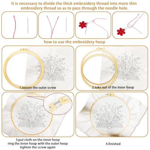 BEUNITONE 6 Set Embroidery Kit for Beginner Adults, Books & Flowers Cross Stitch Set with Stamped Pattern Hoops Threads Cloth Needles, Embroidery Starter Kit for Gifting and Home Decoration - style: Colorful Book