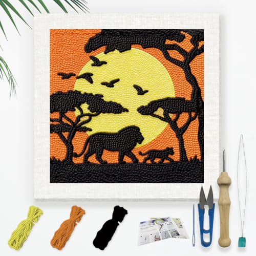 Doodlream African Savanna Needle Kit for Beginner, 9.4"x 9.4" Sunset Lion Punch Stitching Craft Set, Color DIY Embroidery Starter with Printed Frame, Instruction, Threader, Yarn, Pinch Needle - color: Savanna
