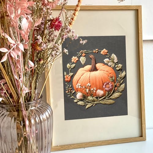 FONNUY Pumpkin Embroidery Kit for Beginners, Pre-Stamped Pattern Kits for Adults with Hoop, Easy to Follow Color Thread Needlework, 8'' Hoop (Orange) - color: Orange