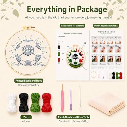 ZMYORAH Punch Needle Kit for Beginners Adults, Soccer Ball Embroidery Punch Needle Starter Craft Kits, 2026 DIY Football Sport Punch Stitch Kit Sports Theme Kit for Home Decor & Craft Gift 20x20cm
