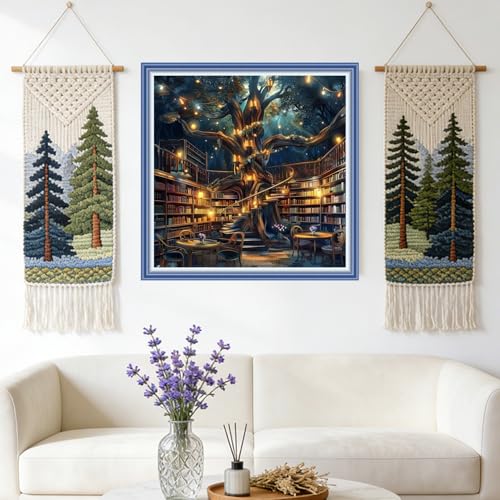 Redxing Stamped Cross Stitch Kits Full Range of Embroidery Starter Kits- Needlepoint Counted Cross Stitch Kits for Beginner Adults 11CT Printed Embroidery Kit-Magic Bookstore 18x18 inch - color: DIYArtsKit18