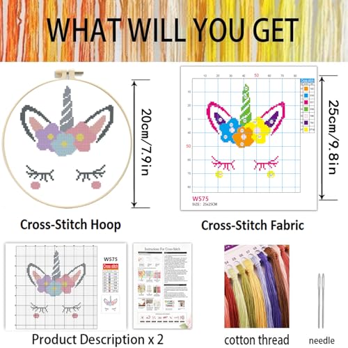 TCDZMYGS Stamped Cross Stitch Kits for Beginners-Cute Animal,with Hoop - color: Rainbow Horse-2603