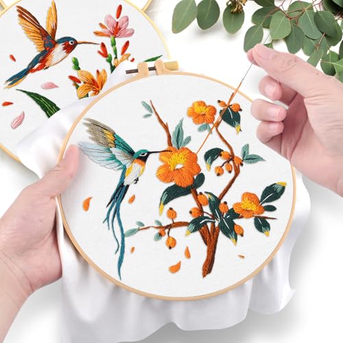 ERKOON 3 Sets Embroidery Kit, Hummingbird Cross Stitch Set for Include Embroidery Cloth Hoops Threads for Craft Lover Hand Stitch (Hummingbird) - color: Hummingbird
