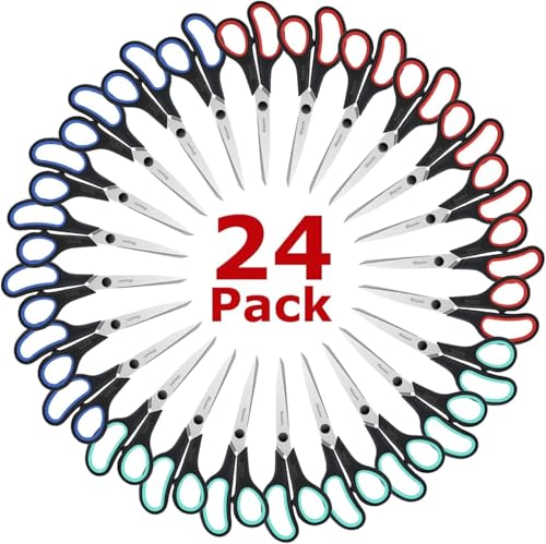 iBayam 8.5" All Purpose Sharp Black Scissors, Comfort-Grip Handles, 24-Pack - color: Red, Green, Blue, size: 24-Pack