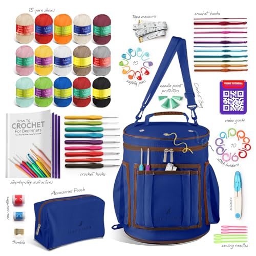 Crochet Kit for Beginners Adults and Kids - Beginner Crochet Kit for Adults with Step-by-Step Video Tutorials, Amigurumi and Crocheting Kit, Crochet Starter Kit with Soft Crochet Yarn and Crochet Bag - color: Royal Blue, style: Crochet Kit + Bag