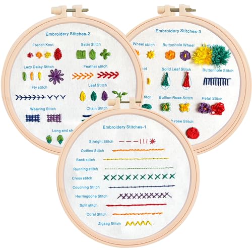 Beginner Embroidery Kit – Learn 28 Stitches – DIY Embroidery Set with 3 Hoops, Stamped Patterns, Needles, Scissors, Thread – Complete Cross Stitch Kit for Adults, Teens, Beginners & Crafters - color: Beginner Practice Patterns