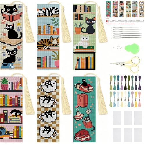 NEGEKFKX 6 Pcs Black Cat Cross Stitch Bookmark Kit for Adult Beginners - color: Cross stitch bookmark-15