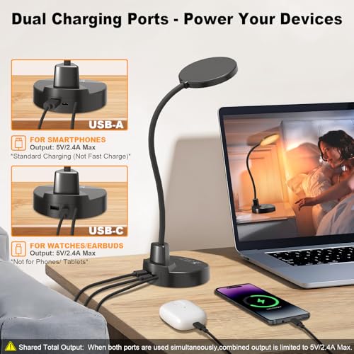 15W LED Desk Lamp with USB Charging Ports – Dimmable Table Lamp with 3 Color Temps, 5 Brightness, 4 Timers, Flexible Gooseneck Light with Base, Eye-Caring Reading Light for Home Office, Bedroom, Study - color: Black, size: 4.7'' Lamp