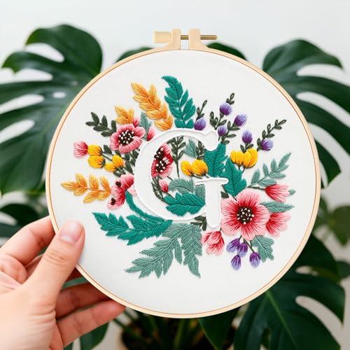Zerzsy 7.87 '' Embroidery Kits Plant Flower Leaf English Letter Patterns for Beginners Adults, Easy to Learn Cross Stitch Kit for Home Office Decor - color: Letter G