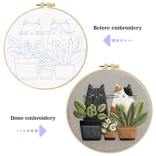 Cute Cat, Plants Patterns Embroidery Kits for Beginners,Adults Starter Cross Stitch Kit with Funny Animal Pattern,DIY Needlepoint Everything is Fine,Step by Step Instructions and Video Tutorial