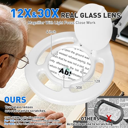 KIRKAS Magnifying Glass with Light, 2,200 Lumens Magnifying Lamp 12X 30X - color: White 28in Magni-attach