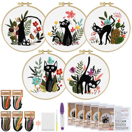 ERKOON 5 Sets Embroidery Kit for Beginners Adult Cat Cross Stitch - color: Black Cat