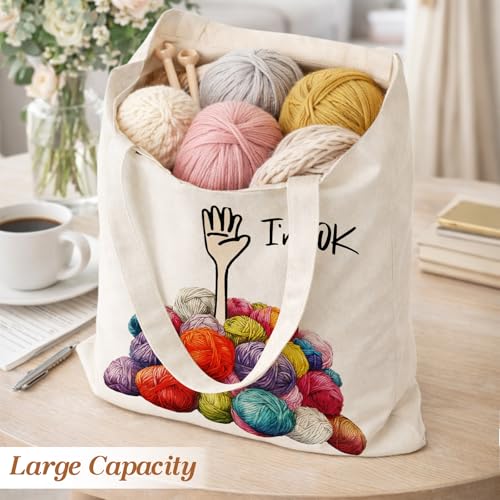 Cute Goose Crochet Canvas Tote Bag for Women - color: Fun Knitting
