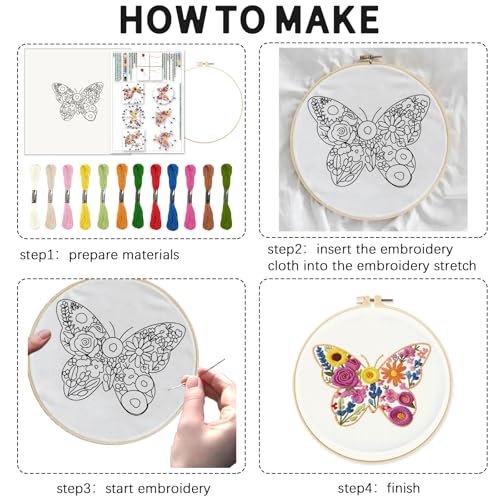 INFUNLY 6 Pack Animal Flowers Embroidery Starter Kit for Beginners Butterfly Cat DIY Embroidery Kits for Adults Rooster Squirrel Stamped Needlepoint Set with Step-by-Step Instruction Craft Lover Gift - style: Animal Flowers