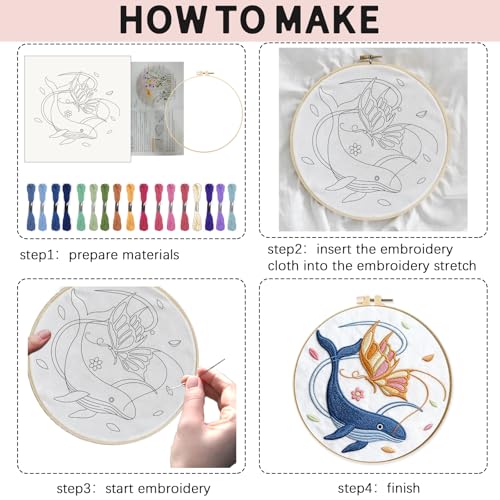 INFUNLY 4 Sets Embroidery Kit for Beginners with Butterfly and Whale Pattern DIY Embroidery Kit for Adults DIY Embroidery Set Cross Stitch Kit for Adults with Plastic Embroidery Hoops Threads Needles - color: Butterfly and Whale