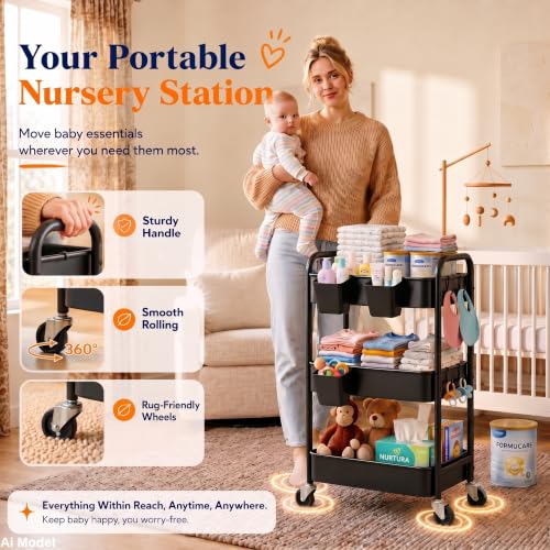 3 Tier Rolling Cart Metal with Wheels,Black Three Tiered Art Cart Organizer - color: Matte Black, size: 3 Tier + Cups + Hooks