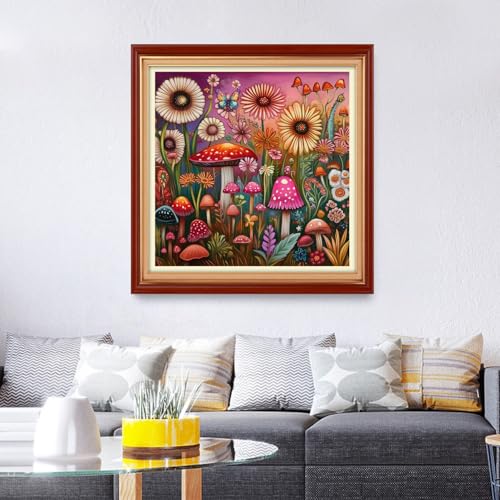Foxhool Stamped Cross Stitch Kits,11CT Printed Cross Stitch Pattern Full Embroidery Kits for Beginner Needlepoint Kits& Mushroom Flowers 18x18 inch - color: ColorSet16