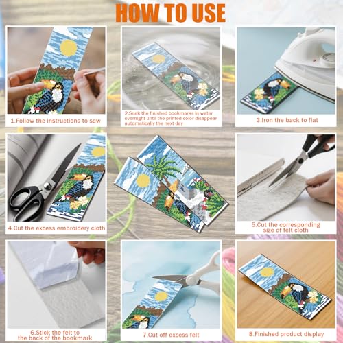 FREEBLOSS 6 Set Cross Stitch Bookmark Kit 11 CT Stamped Cross Stitch Kit DIY Embroidery Bookmark Kits for Adult Beginners with Instructions, Tropical Landscape Pattern, 6 x 20 cm/8" x 2.4" - style: Tropical