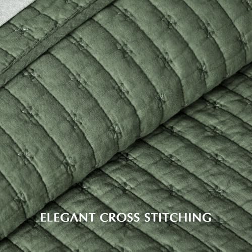 EVERGRACE Cross Stitch Pre-Washed Cotton Quilt Bedding Set Queen Size, Oversized 3 Pieces Lightweight Bedspread Coverlet for All Season, with 2 Matching Shams, Olive Green, 92"x96" - color: Olive Green, size: Full/Queen (92" X 96")